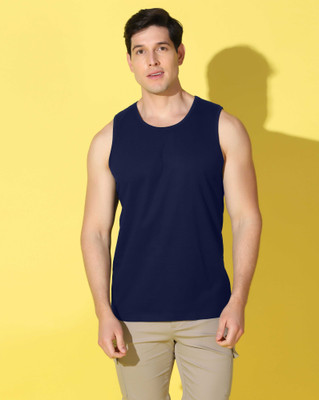 WOOSTRO Solid Men Scoop Neck Navy Blue T-Shirt