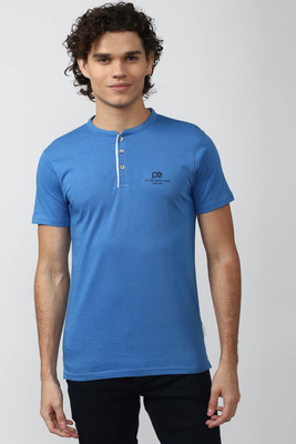 PETER ENGLAND Solid Men Stylised Neck Blue T-Shirt
