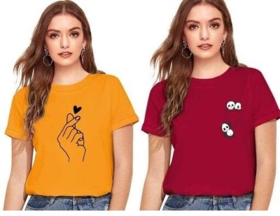 Bokaro Printed Women Round Neck Yellow, Maroon T-Shirt