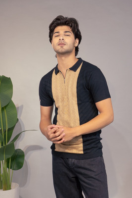 Rauth Striped Men Polo Neck Black, Beige T-Shirt