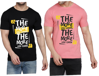 WOOSTRO Printed Men Round Neck Black, Pink T-Shirt