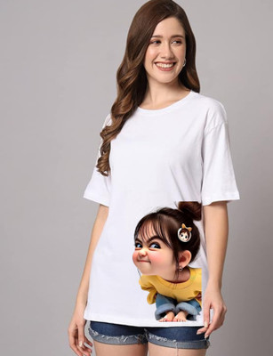 Gujjuunicorns Cartoon Women Round Neck White T-Shirt