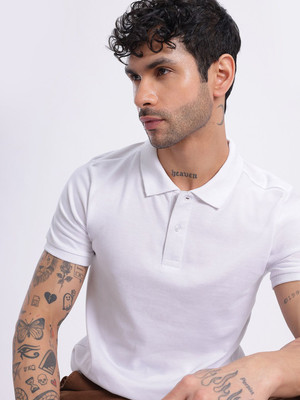 Glitchez Solid Men Polo Neck White T-Shirt