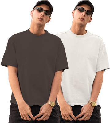 TANTRA Solid Men Round Neck White, Brown T-Shirt