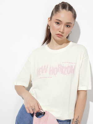 Roadster Printed Women Round Neck White T-Shirt