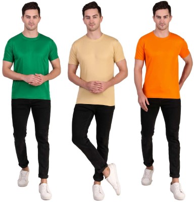 PRIMESTYLE Solid Men Round Neck Green, Orange, Beige T-Shirt