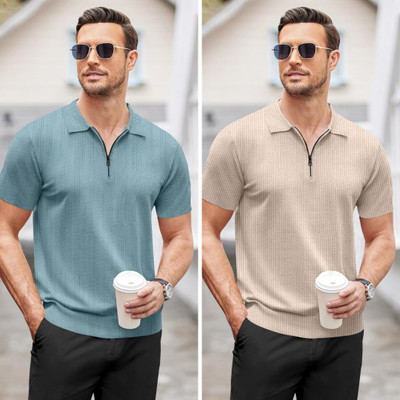 NTIFIC Solid Men Polo Neck Light Blue, Beige T-Shirt