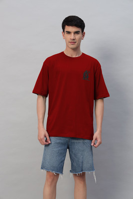 LoomsAndLabel Printed Men Round Neck Reversible Maroon T-Shirt