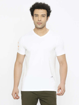 Spykar Solid Men V Neck White T-Shirt