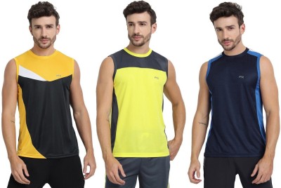 FTX Colorblock Men Round Neck Dark Blue, Black, Yellow T-Shirt