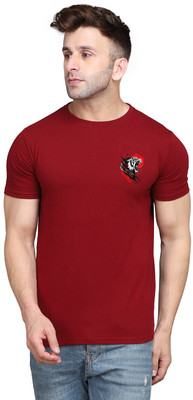 GEUM Solid Men Round Neck Maroon T-Shirt