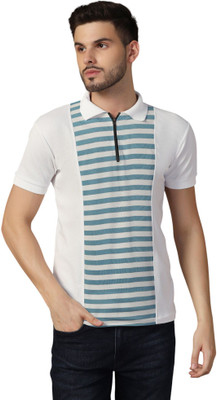 tfurnish Striped Men Polo Neck Blue T-Shirt
