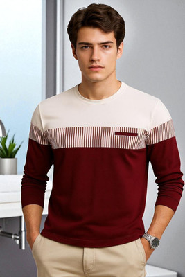 Autna Colorblock Men Round Neck Maroon T-Shirt