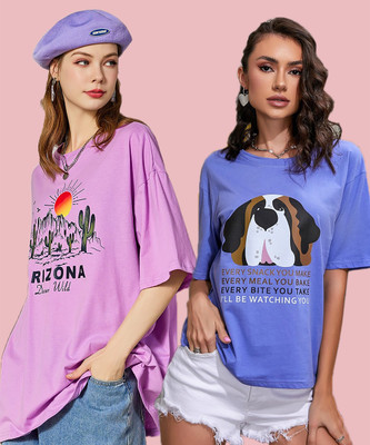 METRONAUT Printed Women Round Neck Pink, Light Blue T-Shirt