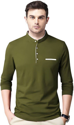 JB Jangoboy Solid Men Mandarin Collar Dark Green T-Shirt