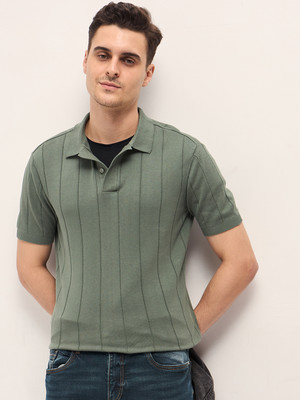 THE BEAR HOUSE Striped Men Polo Neck Green T-Shirt