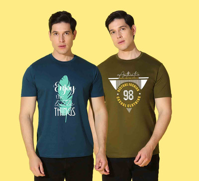 WOOSTRO Printed, Typography Men Round Neck Blue, Green T-Shirt