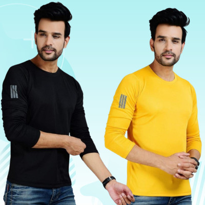 FICKA Solid Men Round Neck Black, Grey T-Shirt