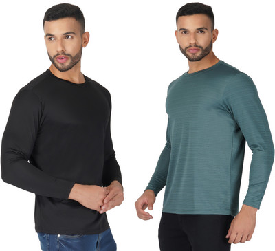 Sportinger Solid Men Round Neck Black, Green T-Shirt