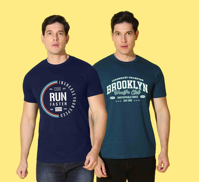 WOOSTRO Printed Men Round Neck Blue T-Shirt