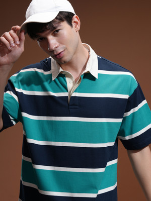 HIGHLANDER Striped Men Polo Neck Blue T-Shirt