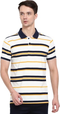 V-MART Striped Men Polo Neck White T-Shirt