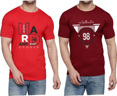 WOOSTRO Printed Men Round Neck Red, Maroon T-Shirt