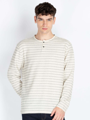 Status Quo Striped Men Henley Neck White T-Shirt