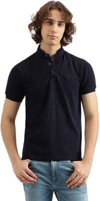 United Colors of Benetton Solid Men Mandarin Collar Blue T-Shirt