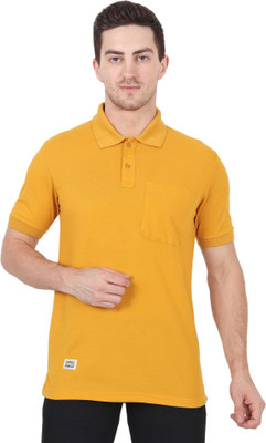 Xohy Striped Men Polo Neck Gold T-Shirt
