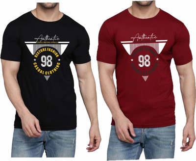 WOOSTRO Printed Men Round Neck Black, Maroon T-Shirt