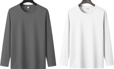 P collection Solid Men Round Neck Grey, White T-Shirt