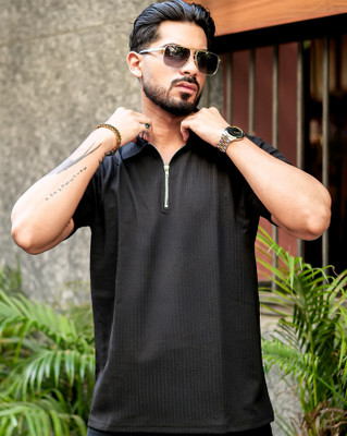 ENITOR Self Design Men Polo Neck Black T-Shirt