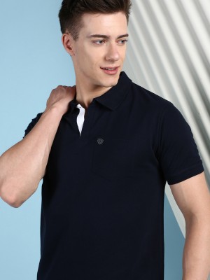 LUX cozi Solid Men Polo Neck Navy Blue T-Shirt