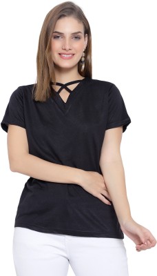 HYDEY Solid Women V Neck Black T-Shirt