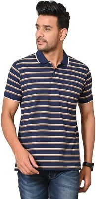 Priyanka Fashions Striped Men Polo Neck Dark Blue, White, Grey T-Shirt