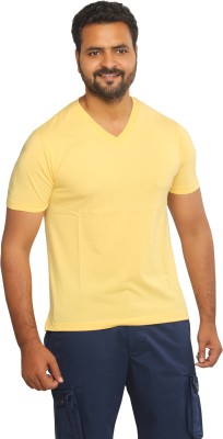 CELSIUS Solid Men V Neck Yellow T-Shirt