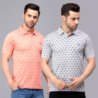 We Perfect Printed Men Polo Neck Pink, Grey T-Shirt