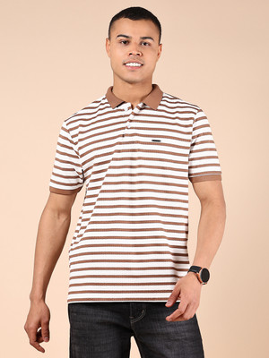 V-MART Striped Men Polo Neck Brown T-Shirt