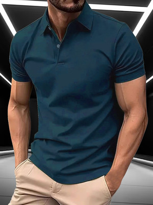 AIN6 Solid Men Polo Neck Dark Blue T-Shirt