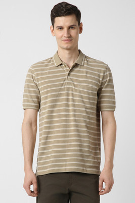 PETER ENGLAND Striped Men Polo Neck Brown T-Shirt