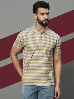 UNIBERRY Striped Men Polo Neck Beige T-Shirt