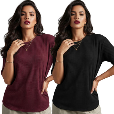 VDTREND Self Design Women Round Neck Black T-Shirt