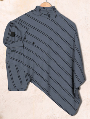 PRAIZY Striped Men Polo Neck Grey T-Shirt