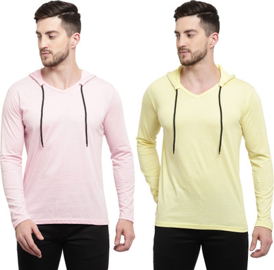 Adorbs Trend Solid Men Hooded Neck Pink, Yellow T-Shirt