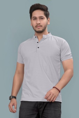QUQZAKA Solid Men Mandarin Collar Grey T-Shirt