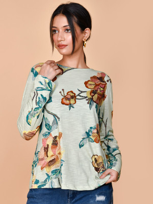 Kesarya Printed Women Round Neck Light Green T-Shirt