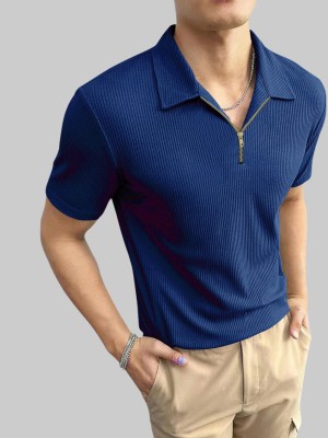 HouseOfCommon Self Design Men Polo Neck Blue T-Shirt