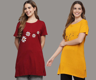issavi Printed Women Round Neck Yellow, Maroon T-Shirt