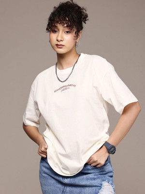 Roadster Printed Women Round Neck White T-Shirt